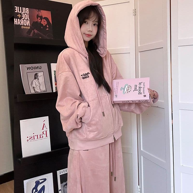 새로운 캐주얼 스포츠 슈트 봄 가을 슬림해 보이는 후드 한국 스타일 루즈핏 지퍼 오픈 가디건 긴 바지 후드티 투피스 슈트 이미지 4