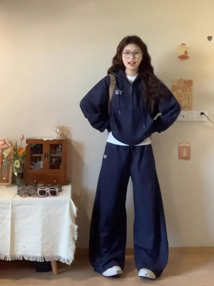 새로운 캐주얼 스포츠 슈트 봄 가을 슬림해 보이는 후드 한국 스타일 루즈핏 지퍼 오픈 가디건 긴 바지 후드티 투피스 슈트 상세 이미지 8