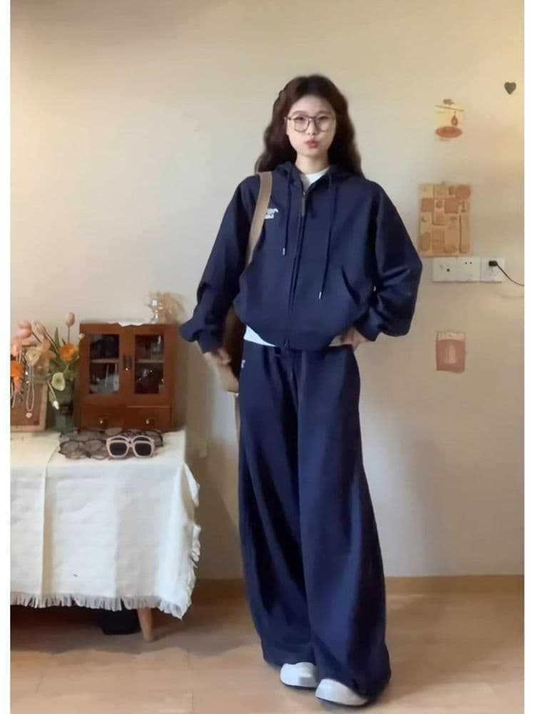새로운 캐주얼 스포츠 슈트 봄 가을 슬림해 보이는 후드 한국 스타일 루즈핏 지퍼 오픈 가디건 긴 바지 후드티 투피스 슈트 상세 이미지 9