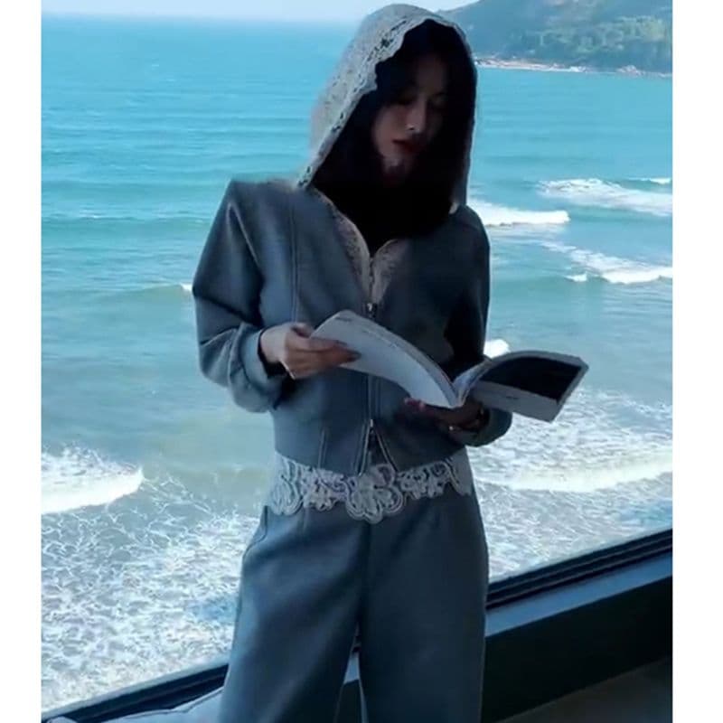 한 부서 고유 한 슈퍼 잘 생긴 세트 빛 요리 한 품격 레이스 조각 후드티 재킷 하이웨이스트 캐주얼 바지 두 조각 여성 세트
