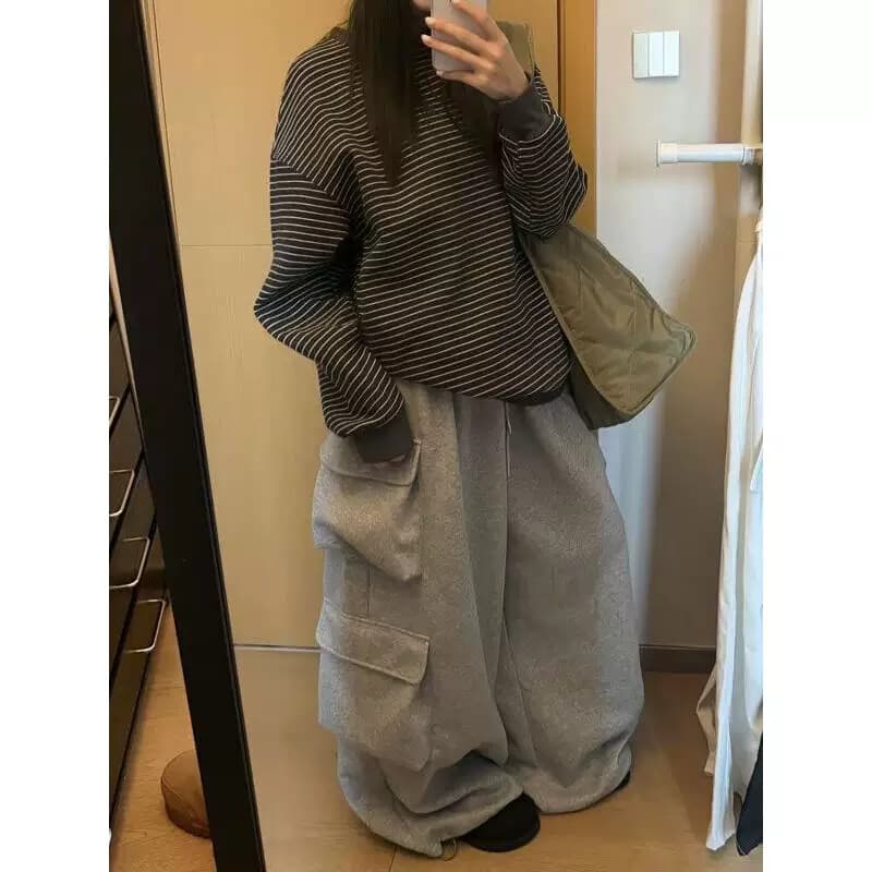 ins 가을 레트로 아메리칸 느슨함 센스 3 차원 주머니 일 와이드 다리 바닥 청소 캐주얼 바지