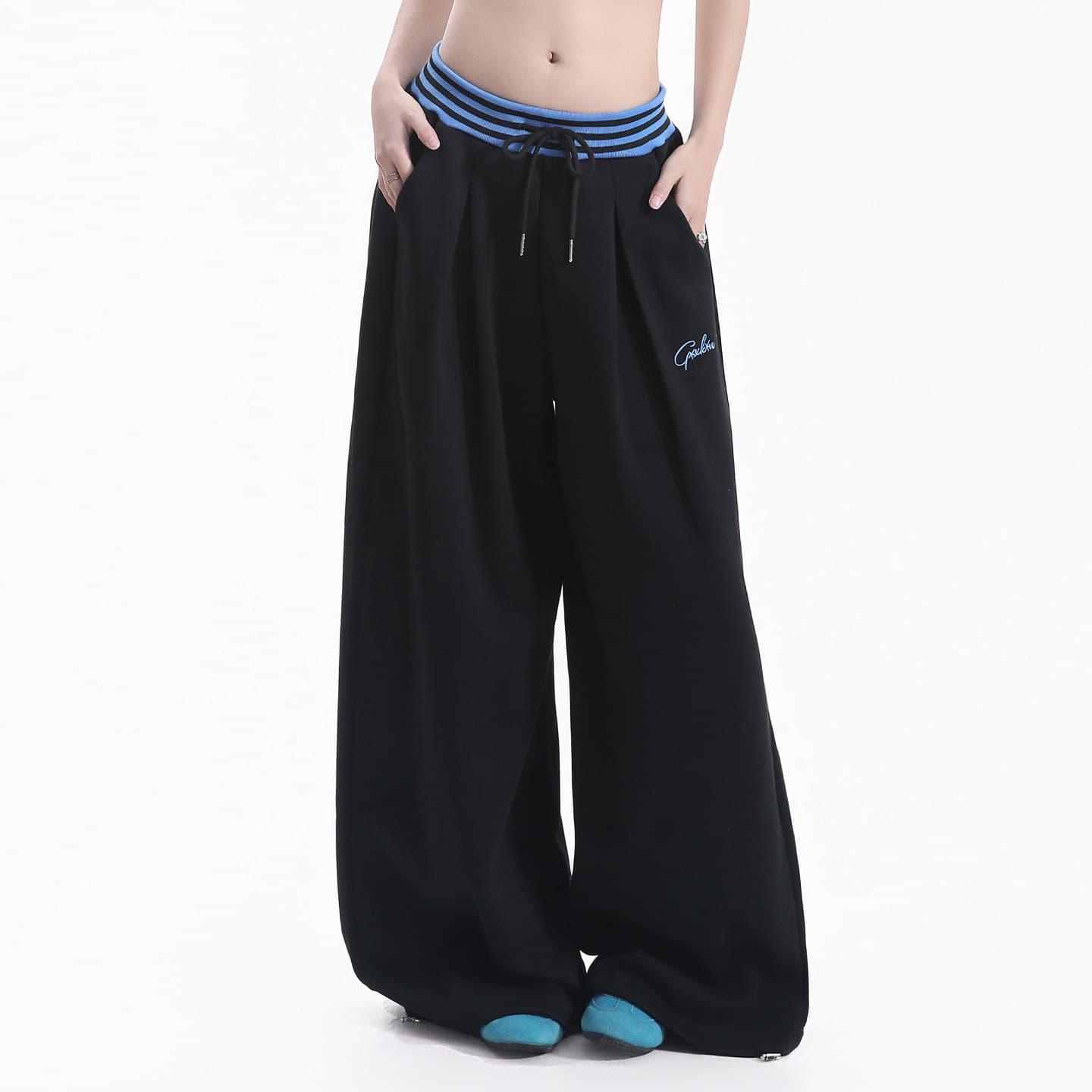 아메리칸 배색 스트라이프 패치워크 십자가 자수 모통이 칼 웨이 바지 남녀 재즈 댄스 와이드 레그 팬츠 상세 이미지 4
