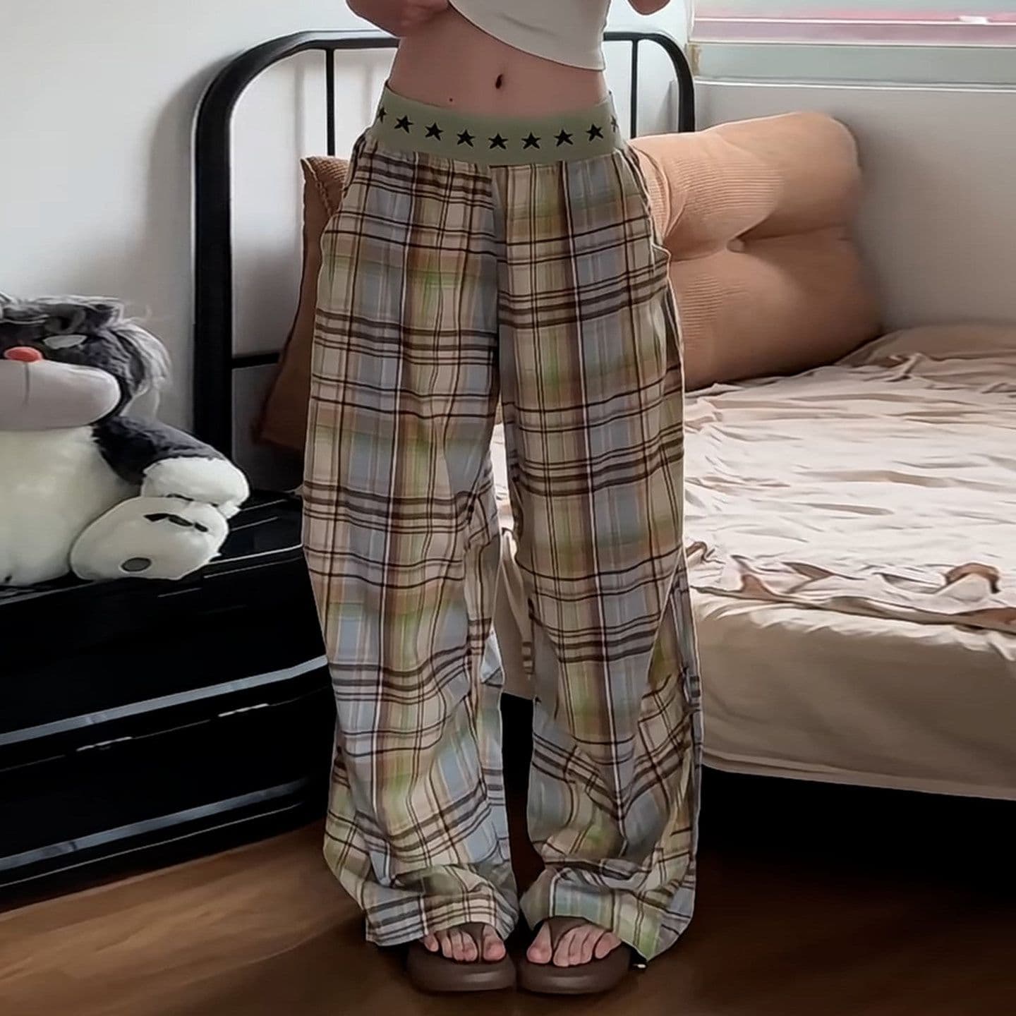 좋은 품질 디지털 인쇄 알파벳 허리 패치워크 와이드 레깅스 바지 루즈핏 모통이 칼 체크무늬 캐주얼 바지 춤추기 체크무늬 바지