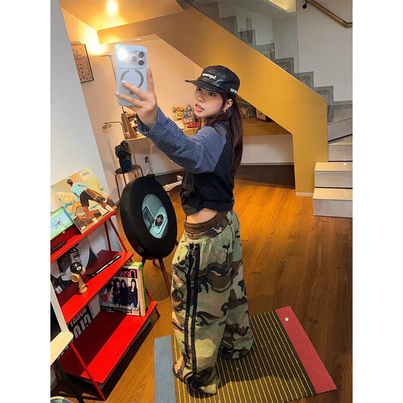 아메리칸 레트로 휘장 자수 더블 허리 머리 카모플라주 바지 남녀 루즈핏 캐주얼 다용도 거리 스트레이트 긴 바지 이미지 4