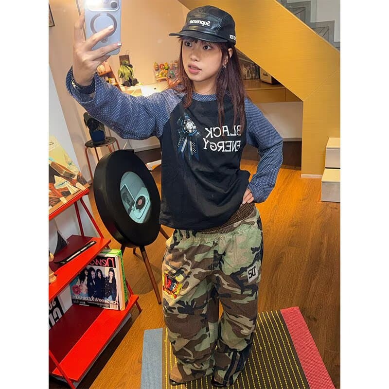 아메리칸 레트로 휘장 자수 더블 허리 머리 카모플라주 바지 남녀 루즈핏 캐주얼 다용도 거리 스트레이트 긴 바지 이미지 5