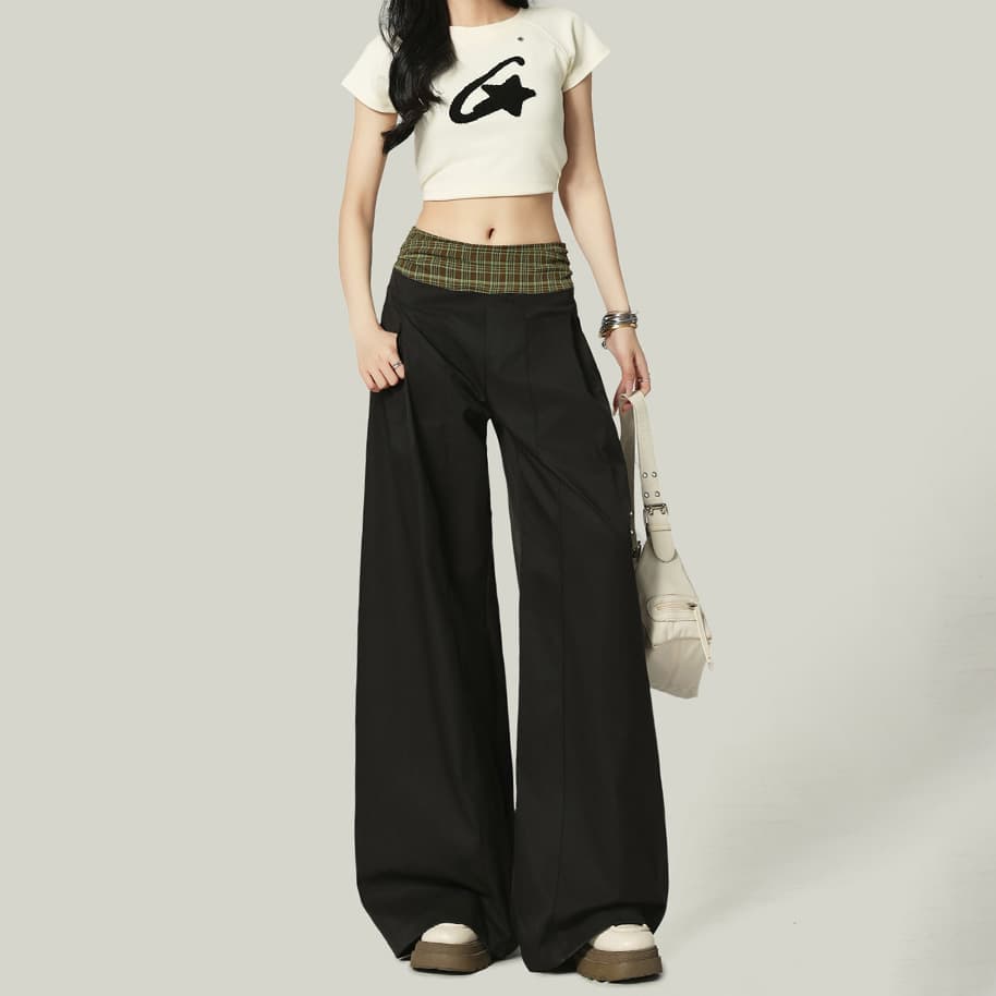 아메리칸 체크무늬 허리 머리 패치워크 디자인 센스 넓은 다리 캐주얼 바지 여성 봄 가을 새로운 루즈핏 다용도 도루 센스 스트레이트 팬츠 이미지 4