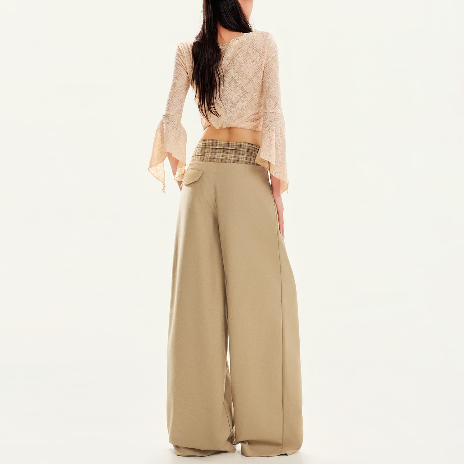 아메리칸 체크무늬 허리 머리 패치워크 디자인 센스 넓은 다리 캐주얼 바지 여성 봄 가을 새로운 루즈핏 다용도 도루 센스 스트레이트 팬츠 상세 이미지 9