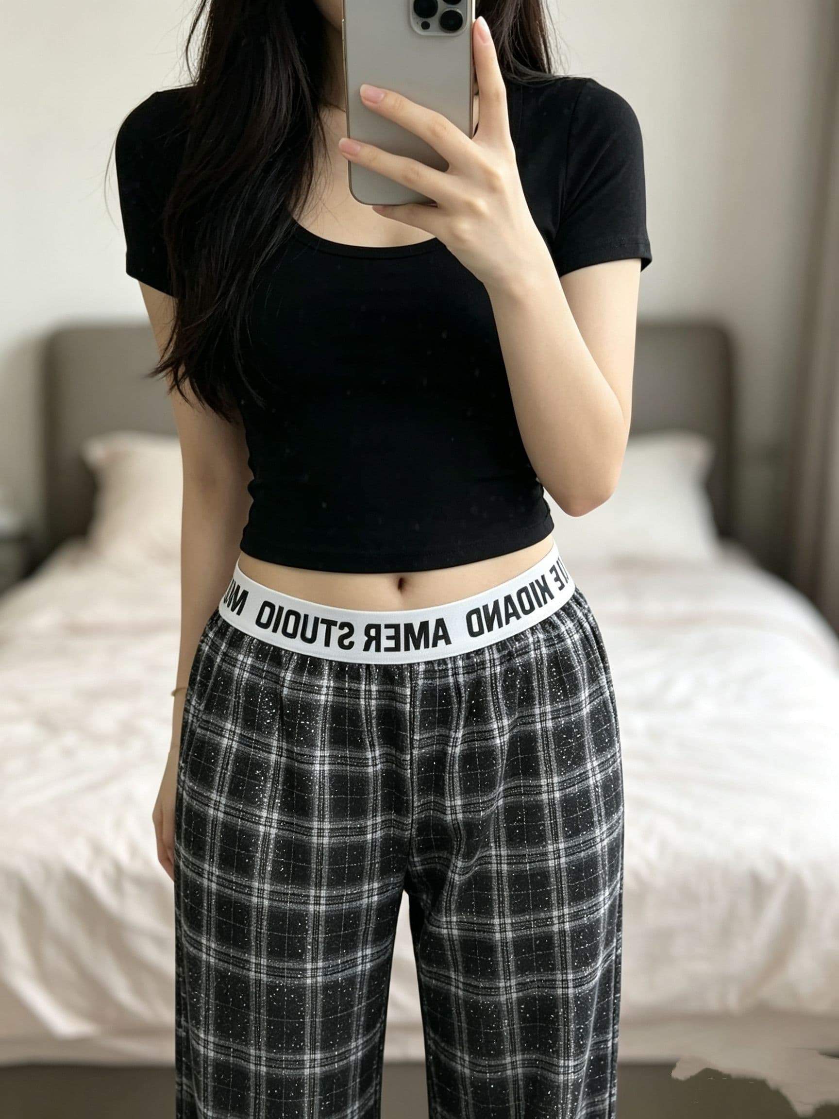 아메리칸 거리 플래시 훈련 체크무늬 캐주얼 바지 여성 알파벳 패치워크 허리 머리 루즈핏 넓은 다리 슬림해 보이는 도루 센스 스트레이트 긴 바지 상세 이미지 3