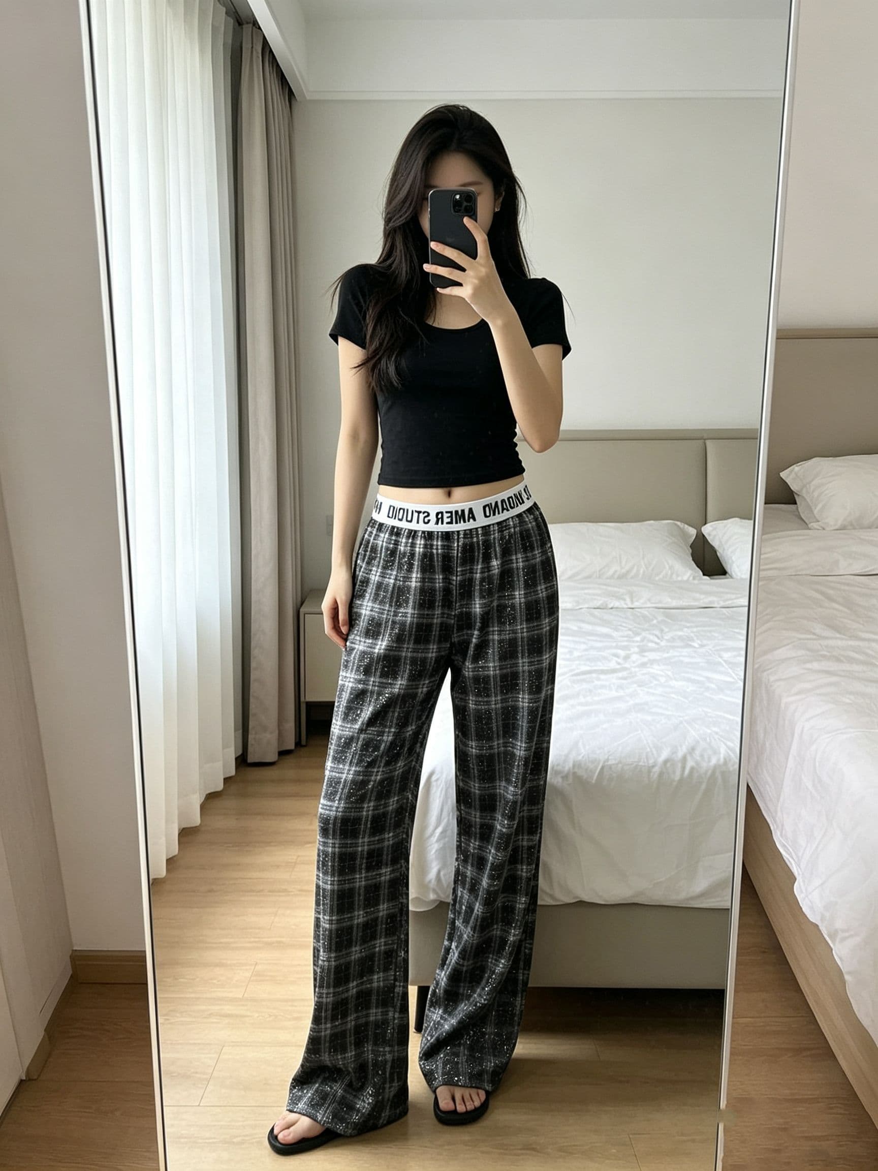 아메리칸 거리 플래시 훈련 체크무늬 캐주얼 바지 여성 알파벳 패치워크 허리 머리 루즈핏 넓은 다리 슬림해 보이는 도루 센스 스트레이트 긴 바지 상세 이미지 4