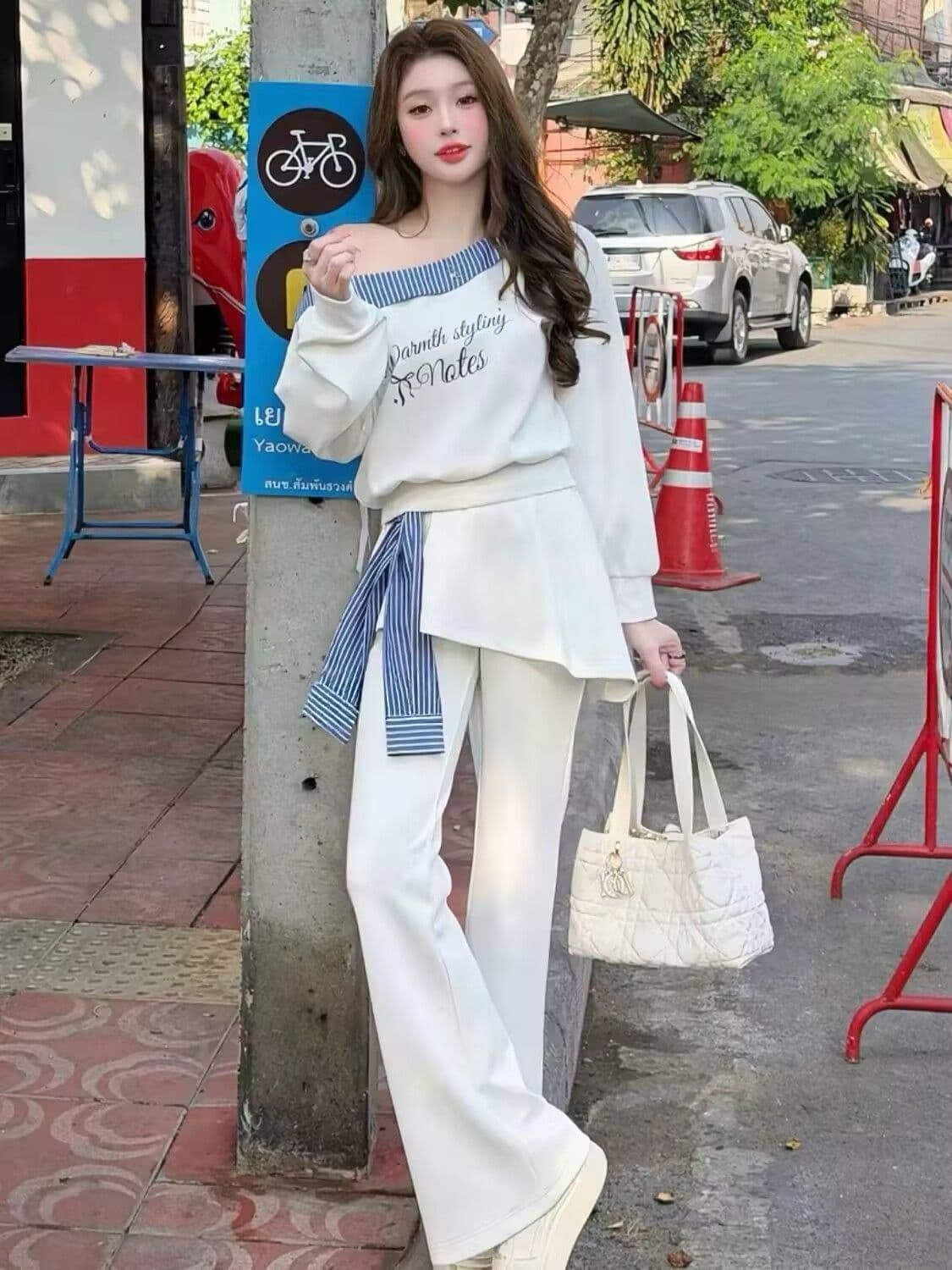모방 면 남자 바 면 280 그램 패션 세트 여성 폴로 칼라 비스듬한 어깨 알파벳 맨위 방귀 커튼 와이드 레그 팬츠 투피스 세트 이미지 3