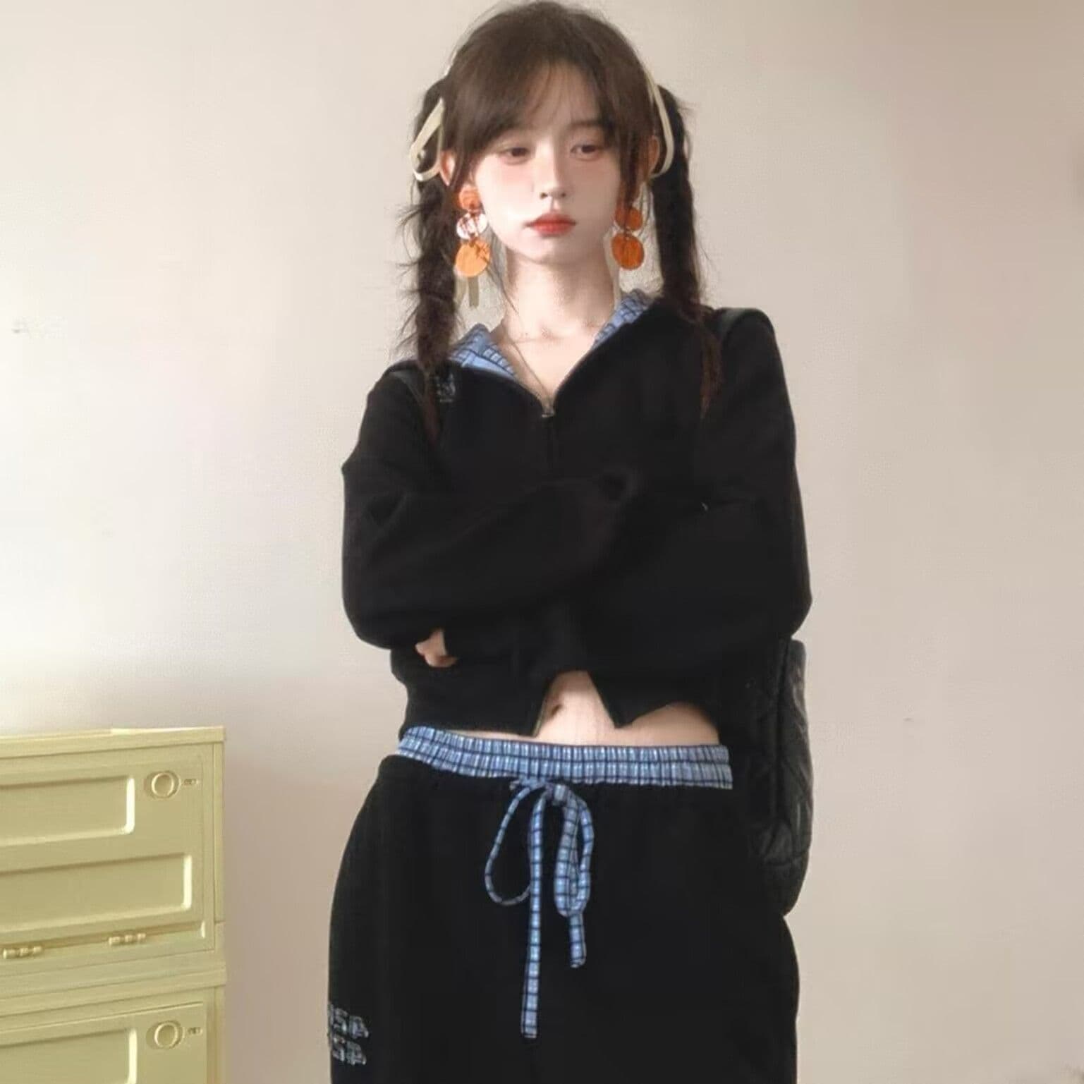 모방 Mianhua 면 320 그램 스포츠 슈트 여성 체크무늬 패치워크 후드 티 스웨터 가을 캐주얼 긴 바지 투피스 세트 이미지 2