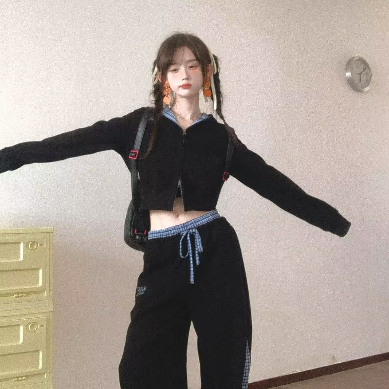 모방 Mianhua 면 320 그램 스포츠 슈트 여성 체크무늬 패치워크 후드 티 스웨터 가을 캐주얼 긴 바지 투피스 세트 이미지 3