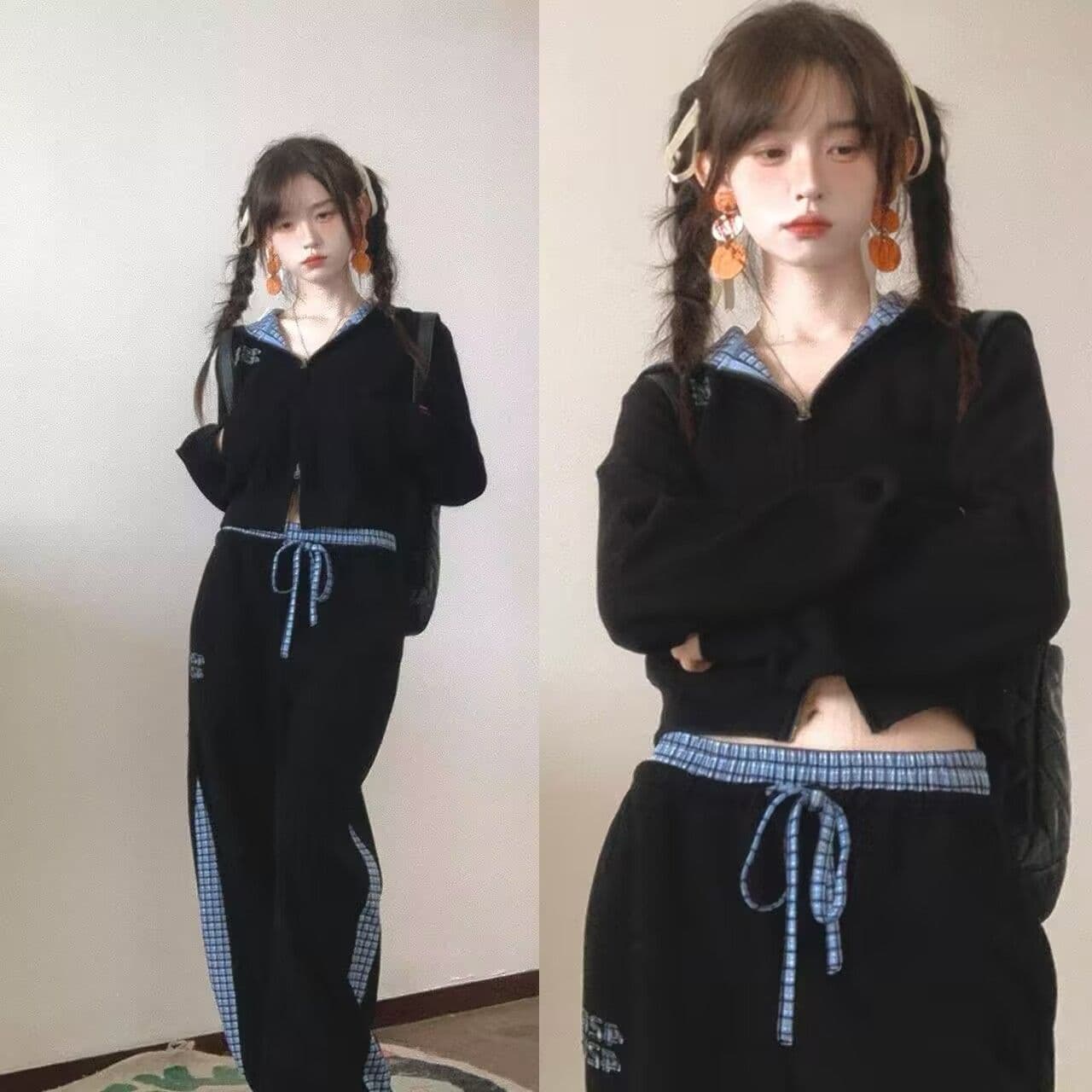 모방 Mianhua 면 320 그램 스포츠 슈트 여성 체크무늬 패치워크 후드 티 스웨터 가을 캐주얼 긴 바지 투피스 세트 상세 이미지 3