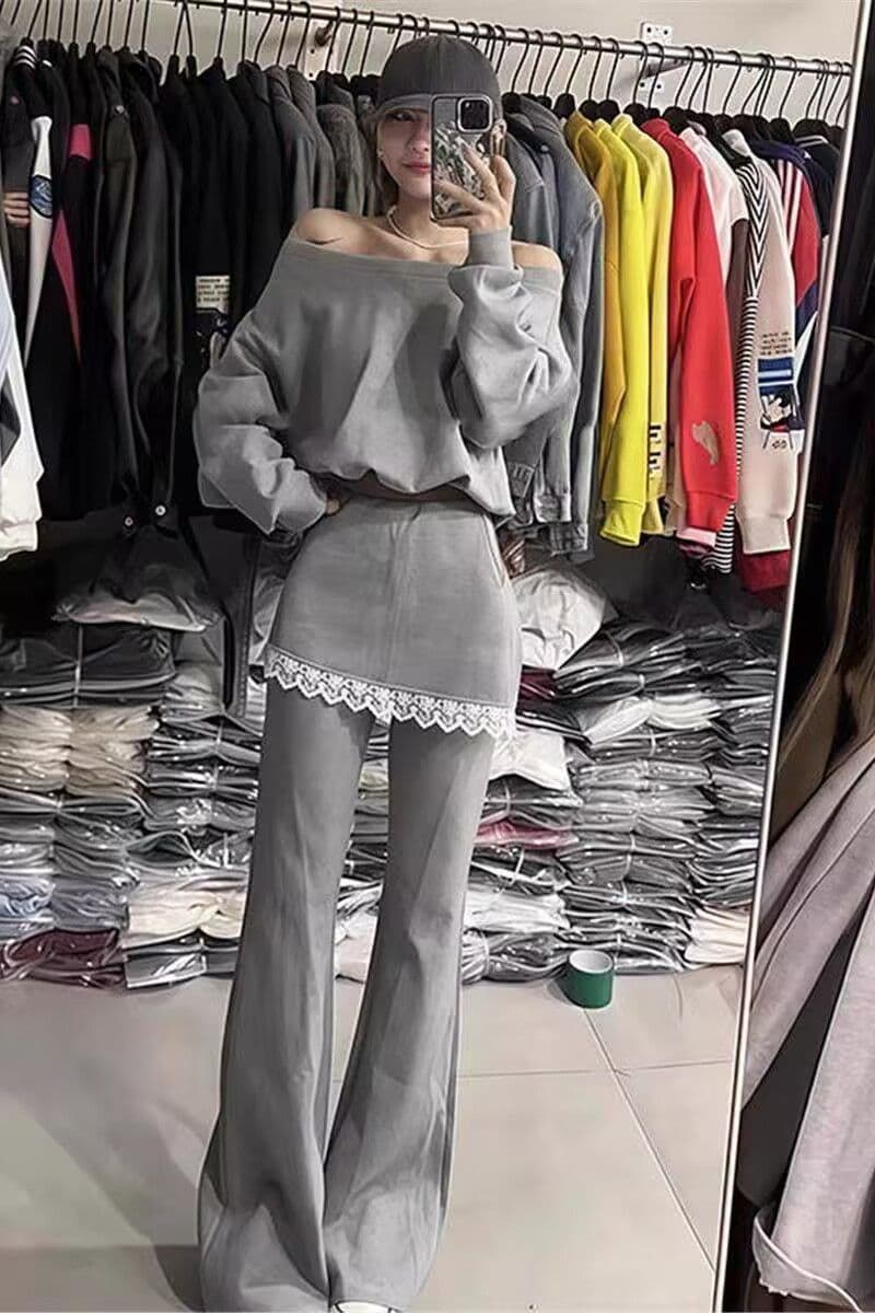 모방 면 사선 무늬 당겨 프레임 250그램 오프숄더 레이스 조각 나팔 바지 두 조각 여성 세트 가을 긴팔 캐주얼 세트 상세 이미지 4