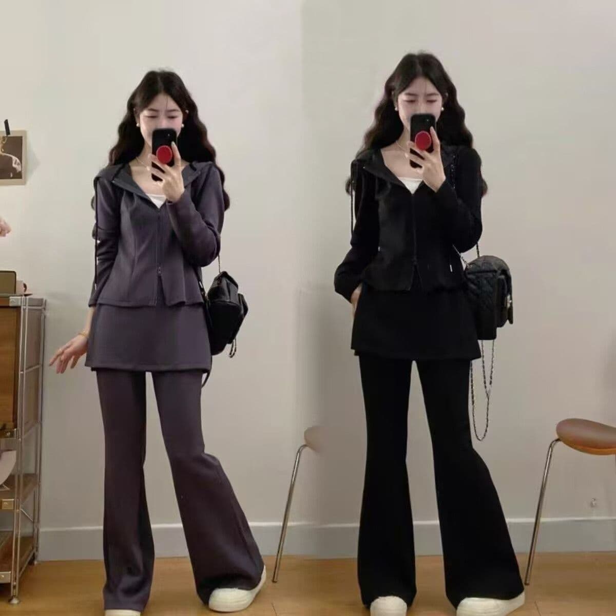 모방 면 사선 무늬 당겨 프레임 250그램 빅 사이즈 mm 봄 가을 여성 레저 스포츠 슈트 새로운 패션 투피스 세트 상세 이미지 3