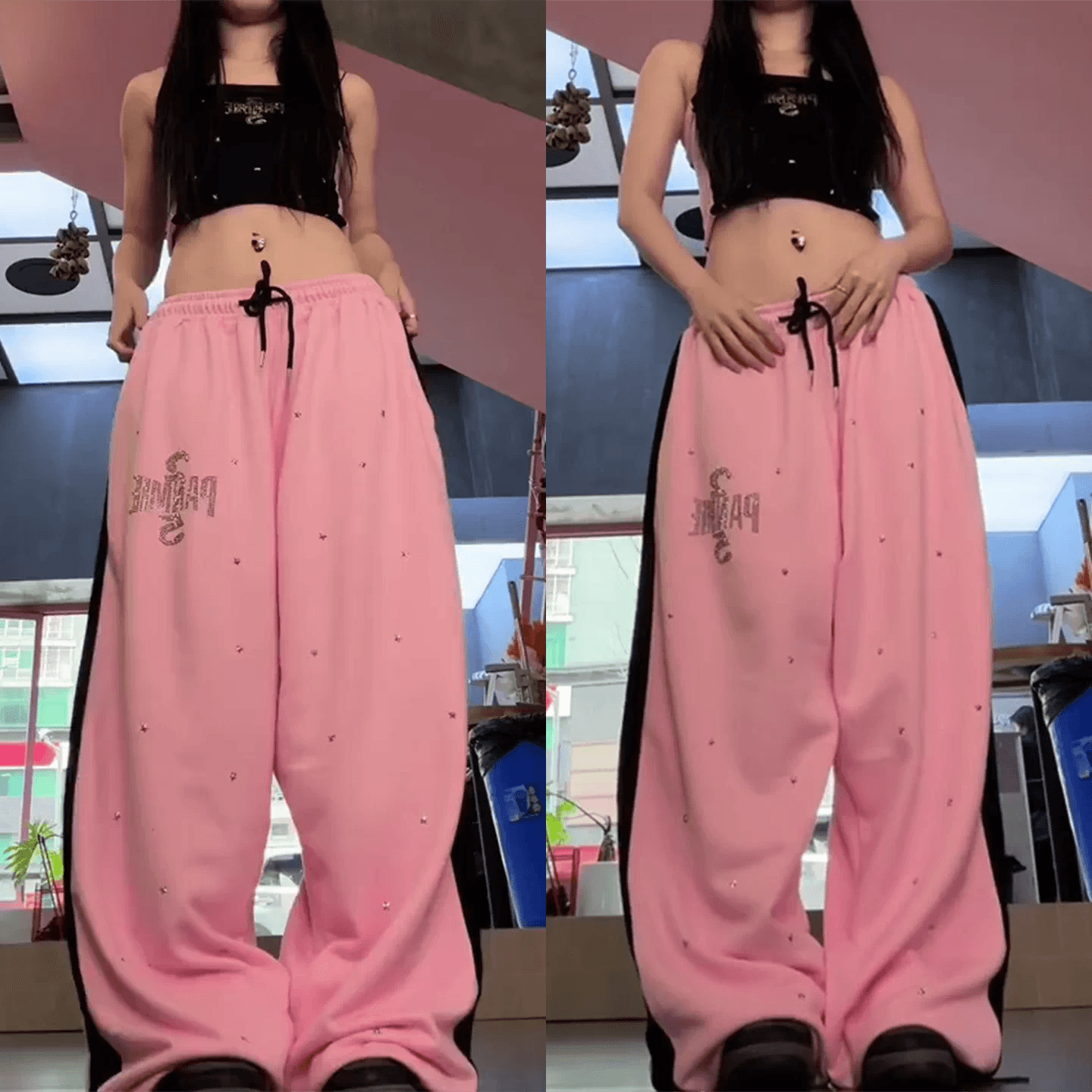 아메리칸 운동 바람 별 핫픽스 루즈핏 와이드 레깅스 바지 펌프 로프 캐주얼 긴 바지 재즈 댄스 바지 허리밴드 웨이 바지 이미지 2