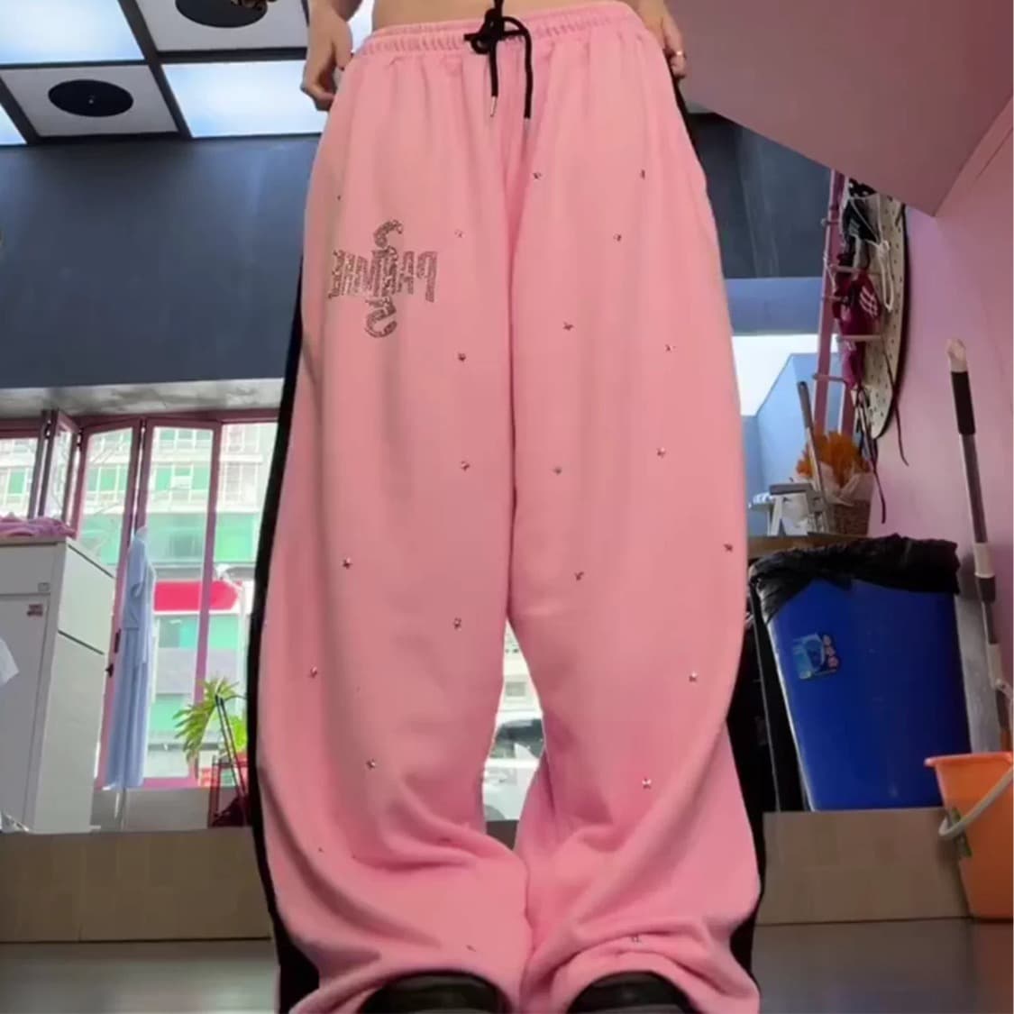 아메리칸 운동 바람 별 핫픽스 루즈핏 와이드 레깅스 바지 펌프 로프 캐주얼 긴 바지 재즈 댄스 바지 허리밴드 웨이 바지 이미지 5