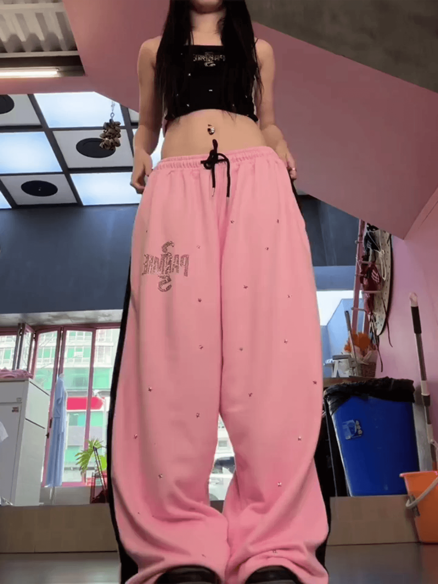 아메리칸 운동 바람 별 핫픽스 루즈핏 와이드 레깅스 바지 펌프 로프 캐주얼 긴 바지 재즈 댄스 바지 허리밴드 웨이 바지 상세 이미지 2