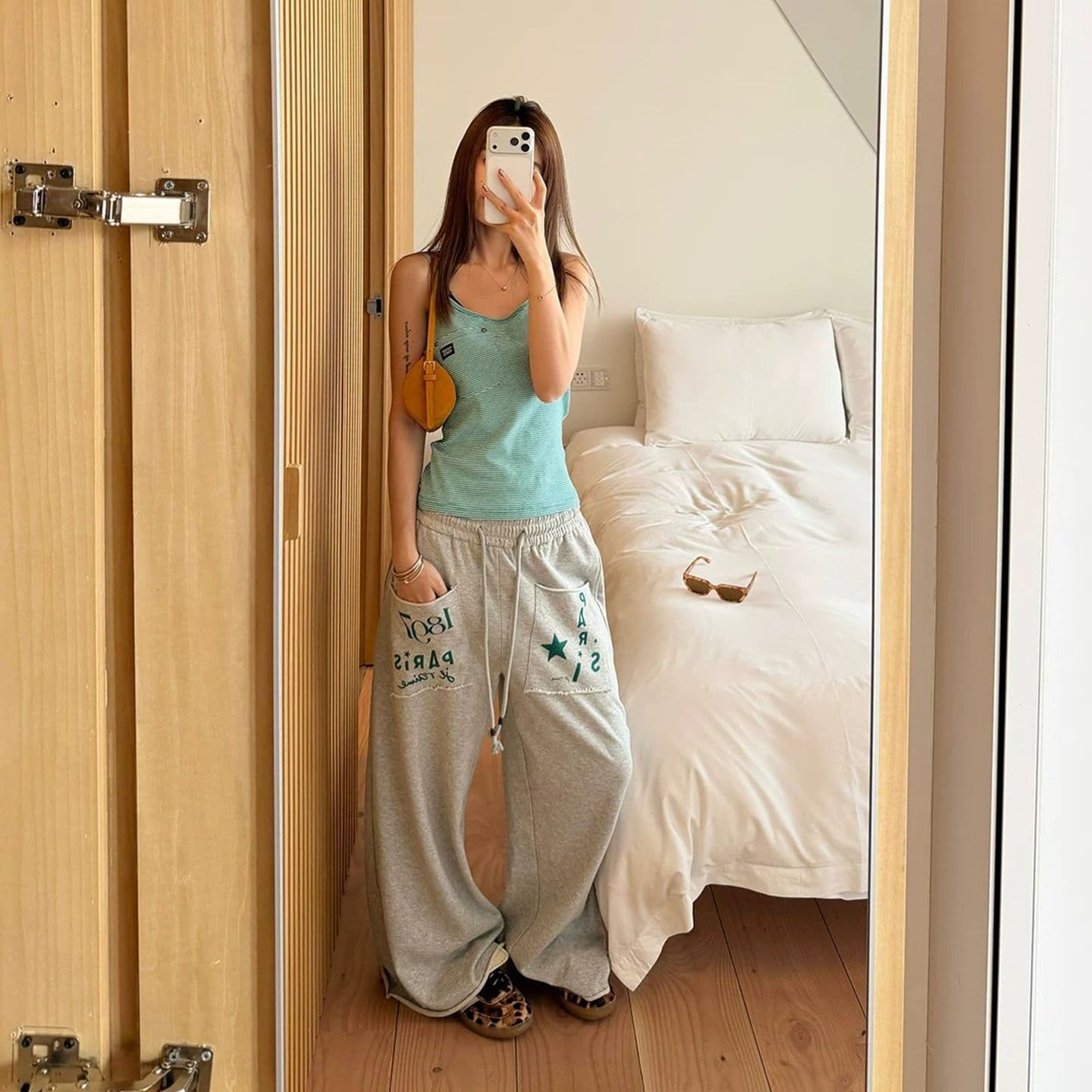 280 그램 포함 면 대 물고기 규모 인쇄 하나 마키 측면 바닥 청소 웨이 바지 여성 루즈핏 캐주얼 바지 이미지 5