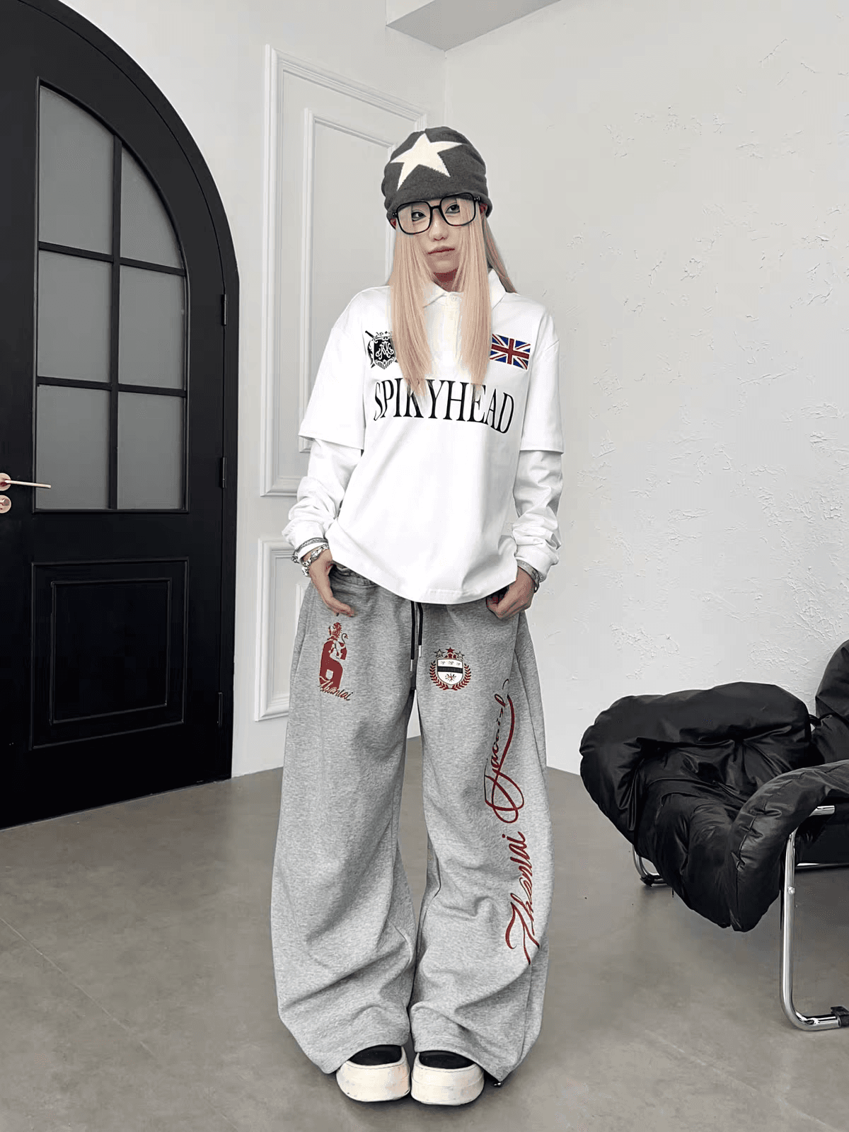 순수한 Mianhua 면 아메리칸 거리 사자 알파벳 프린트 더블 머리 허리 캐주얼 바지 넓은 다리 펌프 로프 길다 웨이 바지 상세 이미지 3