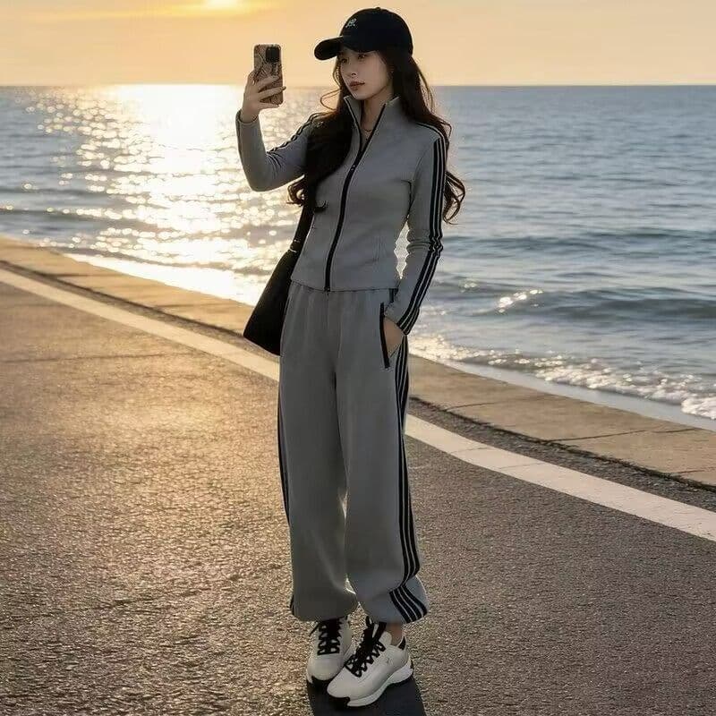 모방 면 사선 무늬 당겨 프레임 250그램 봄 가을 새로운 패션 캐주얼 세트 여성 후드티 와이드 레그 팬츠 투피스 세트 이미지 3