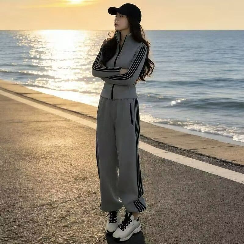 모방 면 사선 무늬 당겨 프레임 250그램 봄 가을 새로운 패션 캐주얼 세트 여성 후드티 와이드 레그 팬츠 투피스 세트 상세 이미지 4