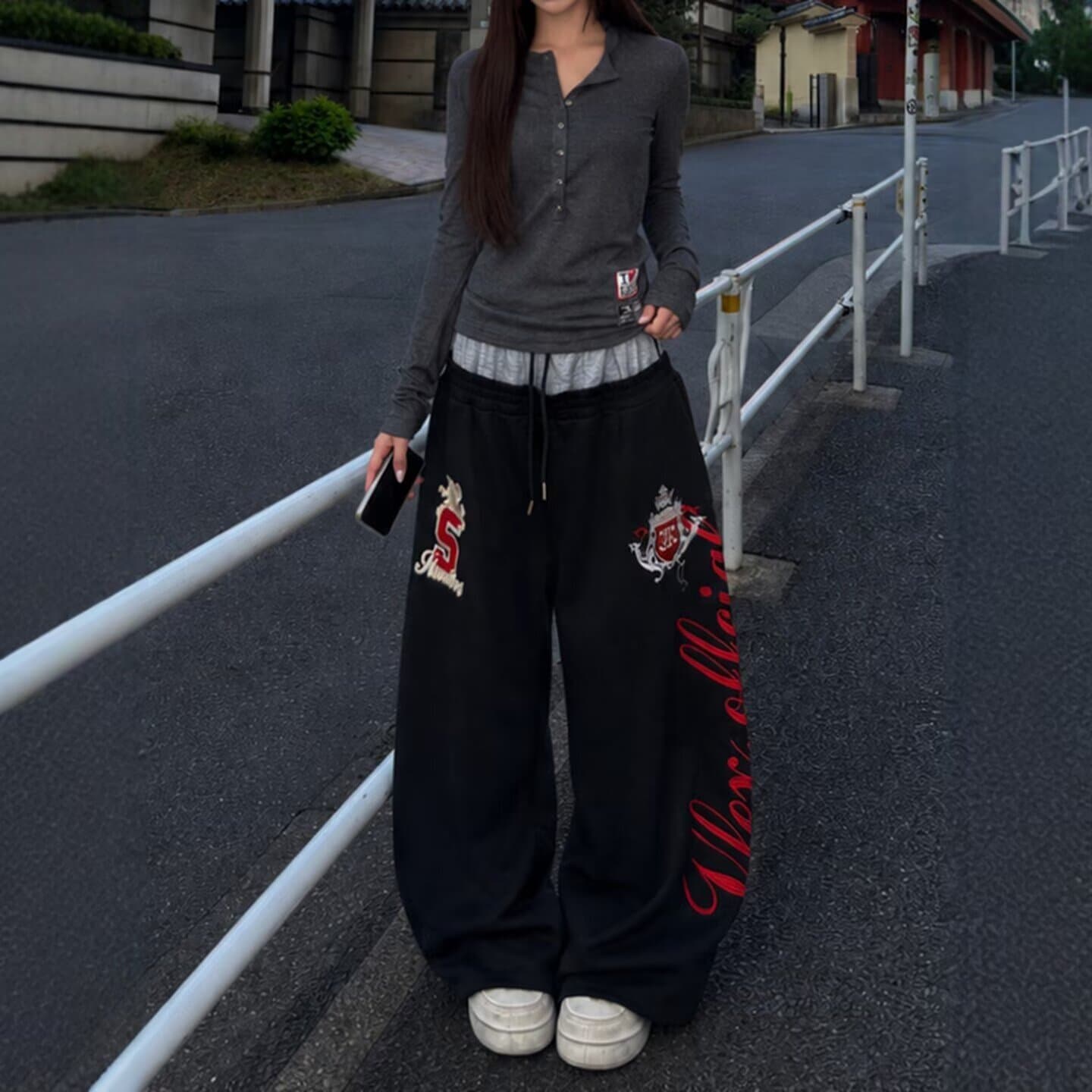 아메리칸 더블 허리 머리 패치워크 알파벳 휘장 자수 모통이 칼 웨이 바지 남녀 루즈핏 와이드 레그 팬츠 트렌디