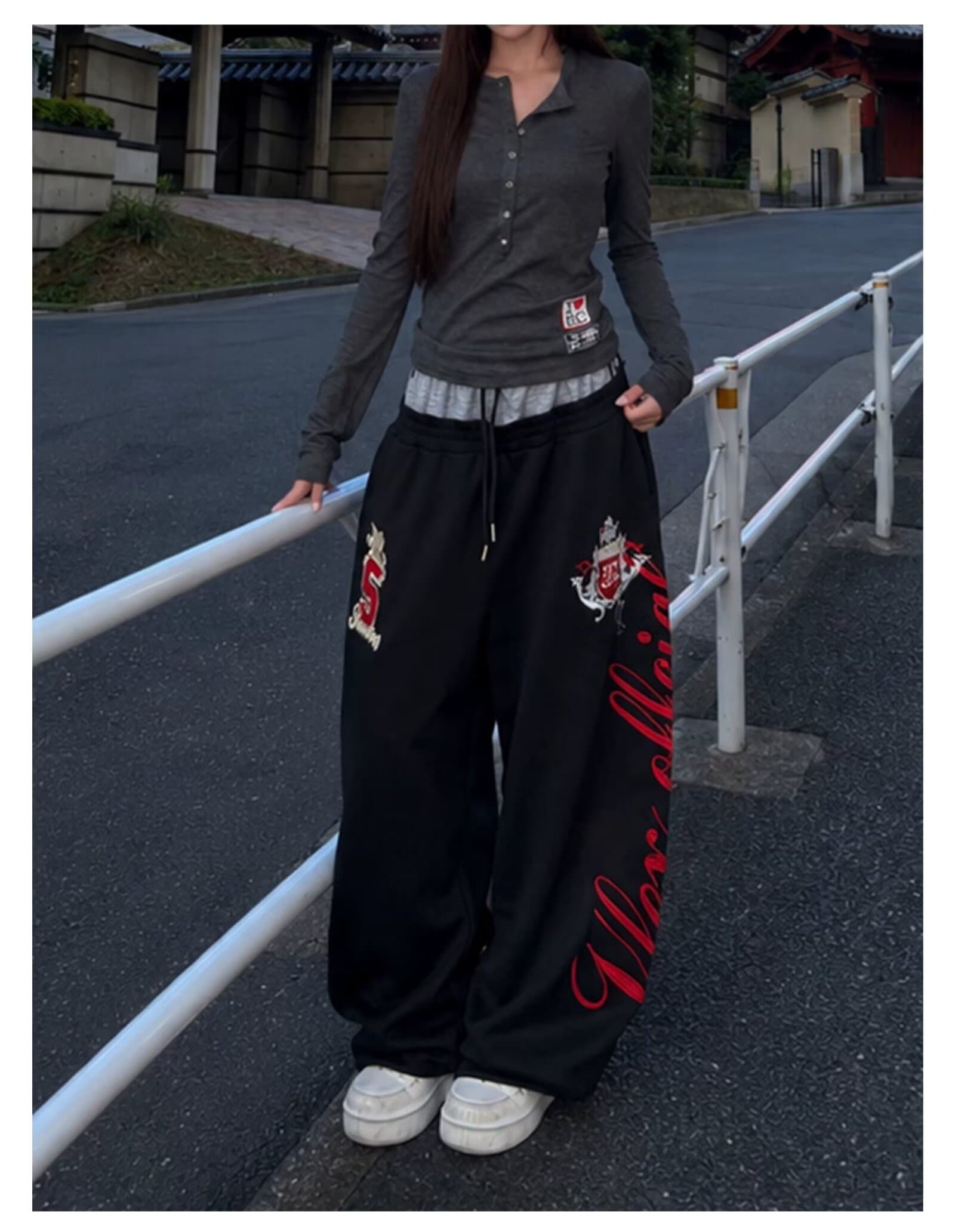 아메리칸 더블 허리 머리 패치워크 알파벳 휘장 자수 모통이 칼 웨이 바지 남녀 루즈핏 와이드 레그 팬츠 트렌디 상세 이미지 7
