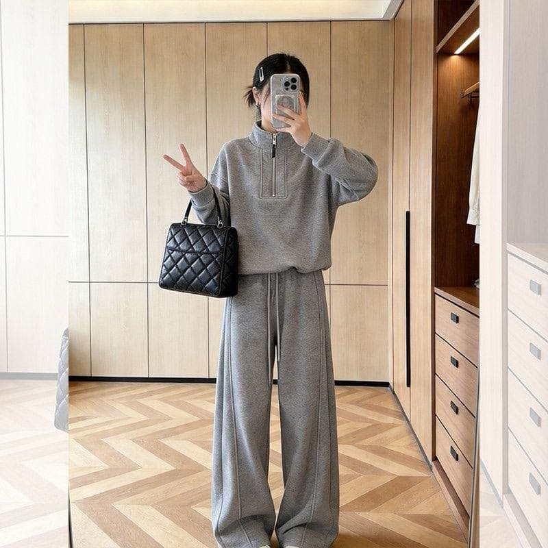 모방 면 사선 무늬 당겨 프레임 250그램 스포츠 슈트 여성 봄 가을 긴팔 후드티 와이드 레그 팬츠 캐주얼 투피스 세트 이미지 2