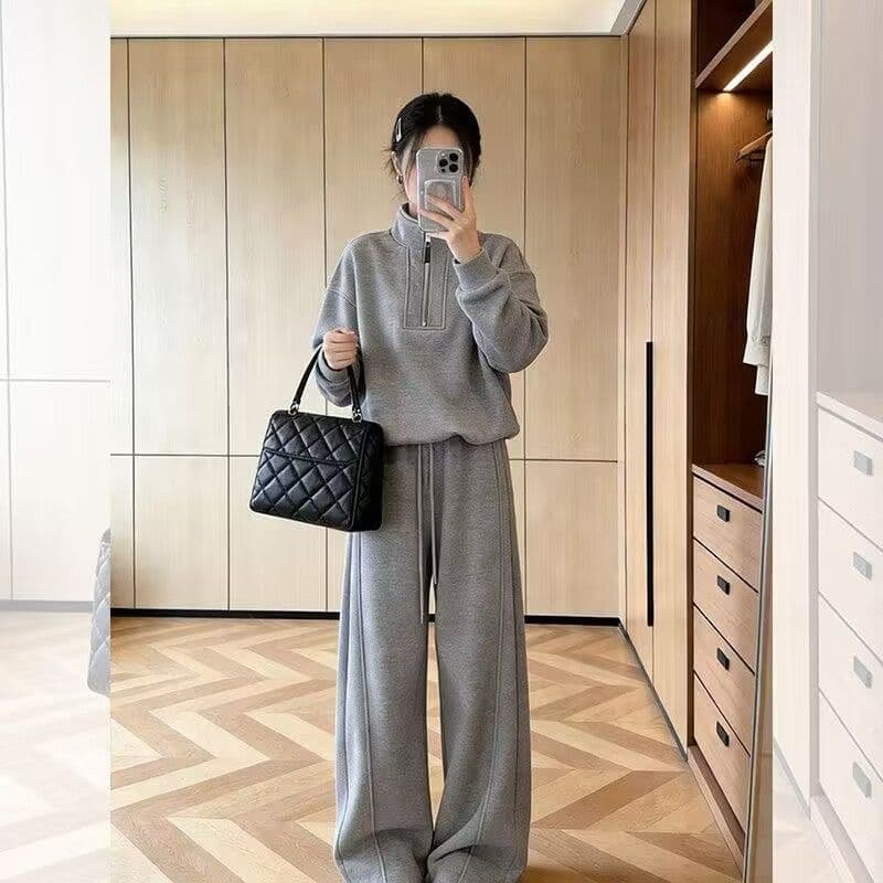 모방 면 사선 무늬 당겨 프레임 250그램 스포츠 슈트 여성 봄 가을 긴팔 후드티 와이드 레그 팬츠 캐주얼 투피스 세트 상세 이미지 6