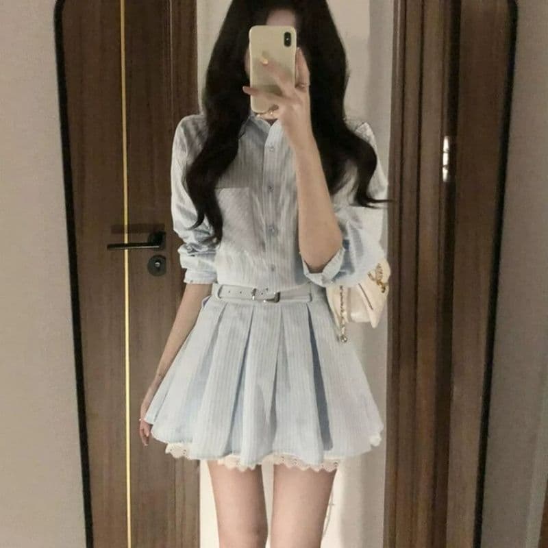 벨트 포함 스트라이프 긴팔 여성 드레스 가을 새로운 레이스 조각 작은 키 허리 수축 셔츠 치마 이미지 5