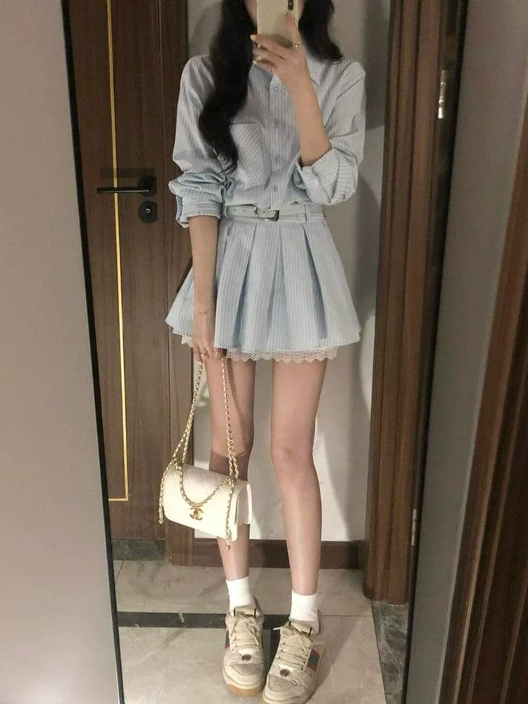 벨트 포함 스트라이프 긴팔 여성 드레스 가을 새로운 레이스 조각 작은 키 허리 수축 셔츠 치마 상세 이미지 4