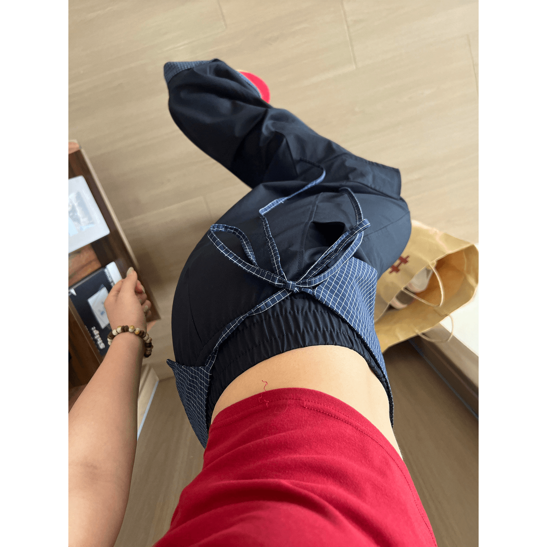 해군 체크무늬 방귀 커튼 바지 새로운 바지 루즈핏 느긋한 바람 하이웨이스트 워크웨어 팬츠 여성 이미지 5