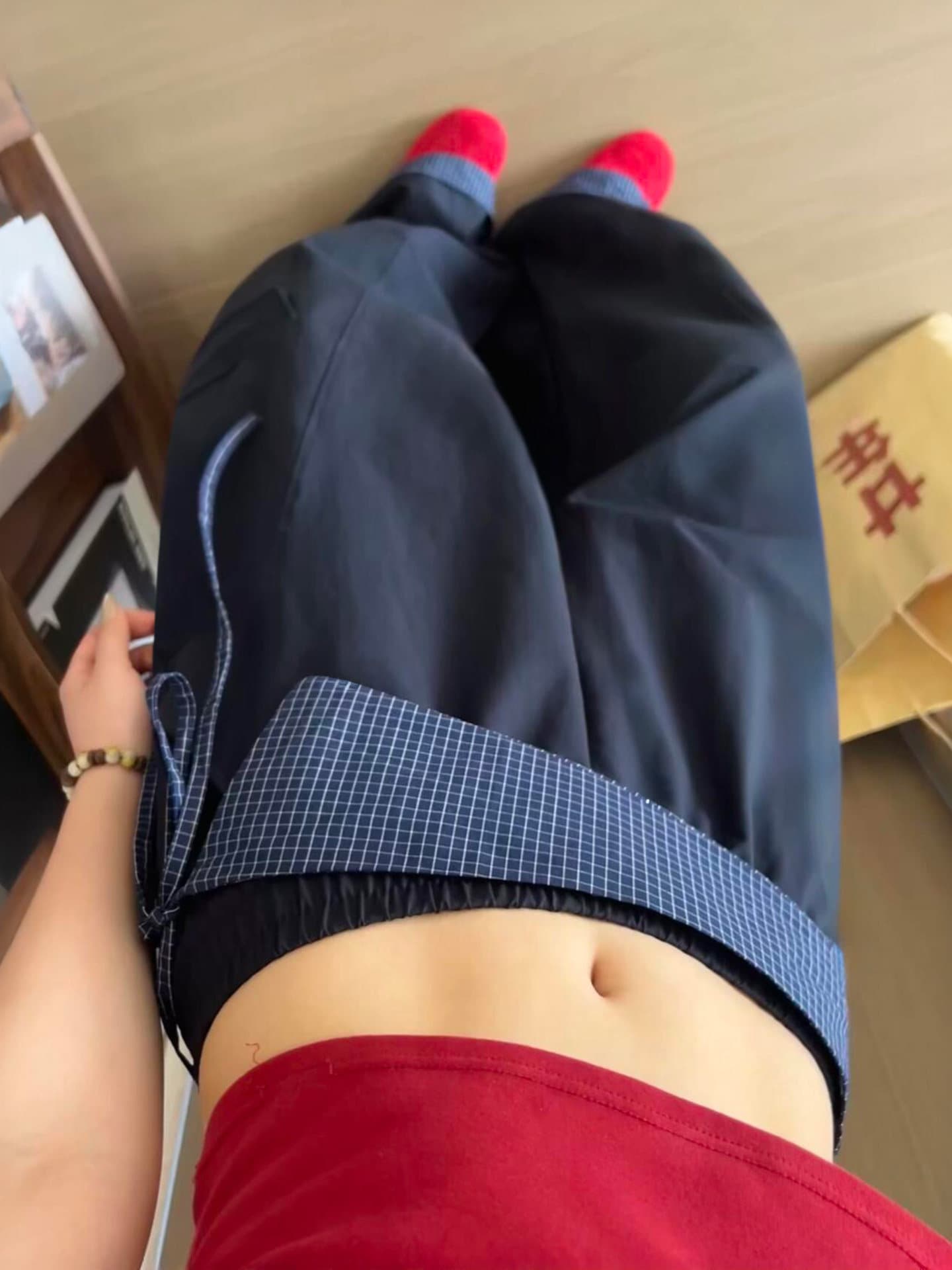 해군 체크무늬 방귀 커튼 바지 새로운 바지 루즈핏 느긋한 바람 하이웨이스트 워크웨어 팬츠 여성 상세 이미지 5