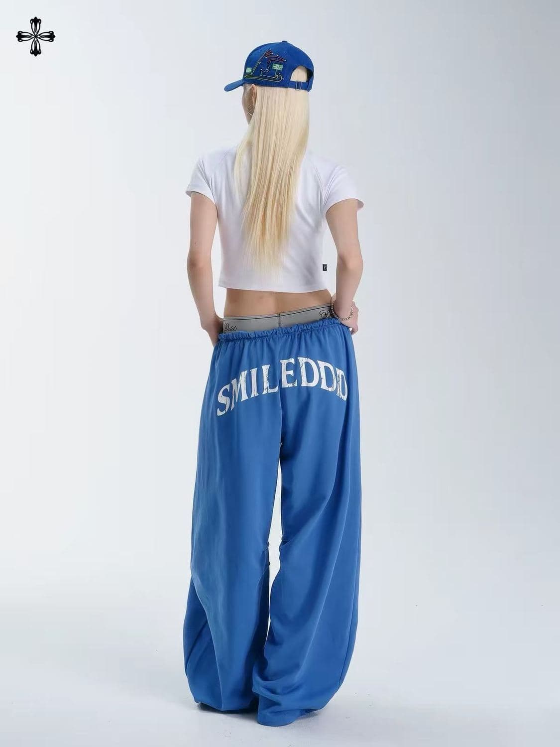 내가 허리 바지 레트로 블루 더블 허리 머리 웨이 바지 핫걸 디스플레이 허리 슬림해 보이는 캐주얼 스트리트 댄스 춤추기 긴 바지 여성 이미지 2