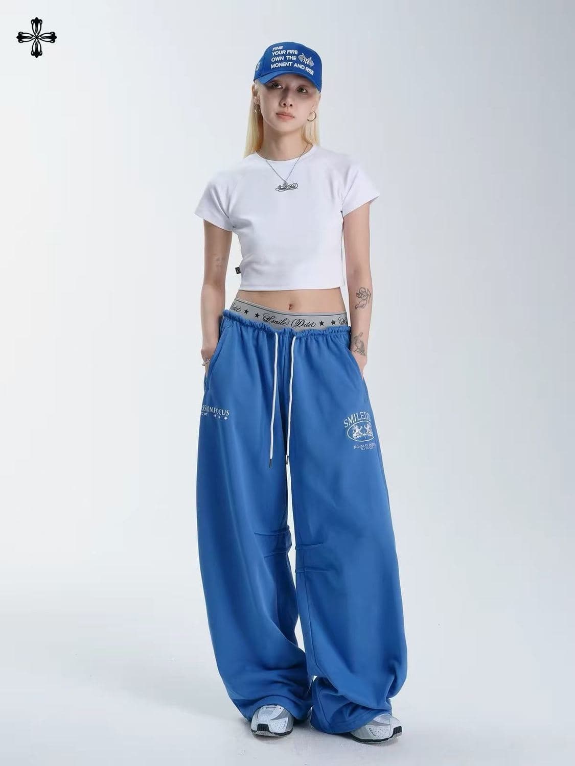 내가 허리 바지 레트로 블루 더블 허리 머리 웨이 바지 핫걸 디스플레이 허리 슬림해 보이는 캐주얼 스트리트 댄스 춤추기 긴 바지 여성 상세 이미지 5