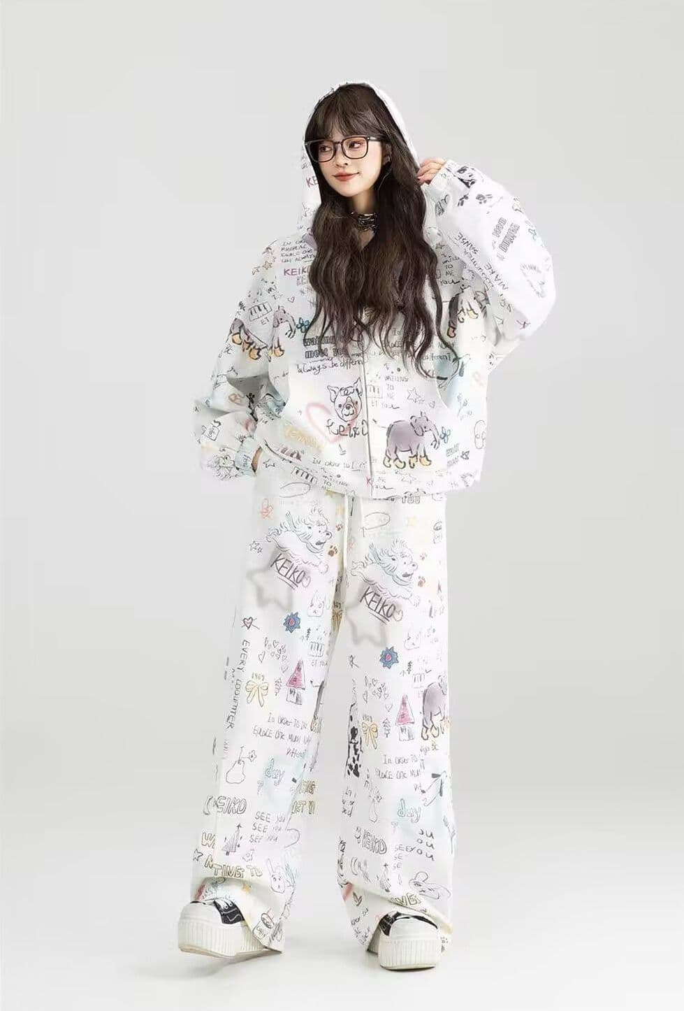 모방 면 남자 바 면 280 그램 스포츠 슈트 여성 봄 가을 낙서 프린트 후드 재킷 긴 바지 투피스 세트 이미지 3