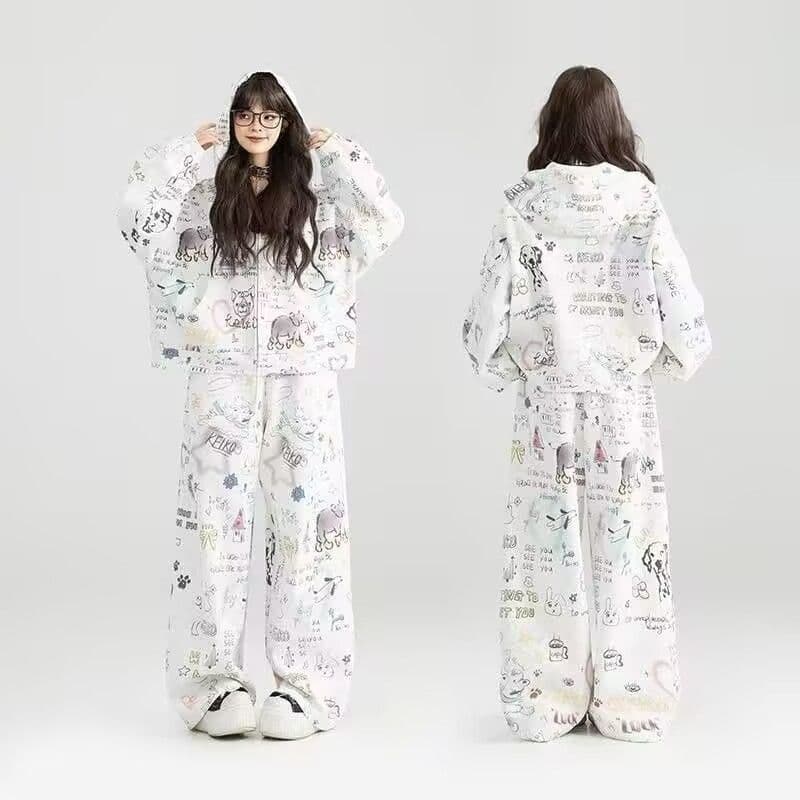 모방 면 남자 바 면 280 그램 스포츠 슈트 여성 봄 가을 낙서 프린트 후드 재킷 긴 바지 투피스 세트