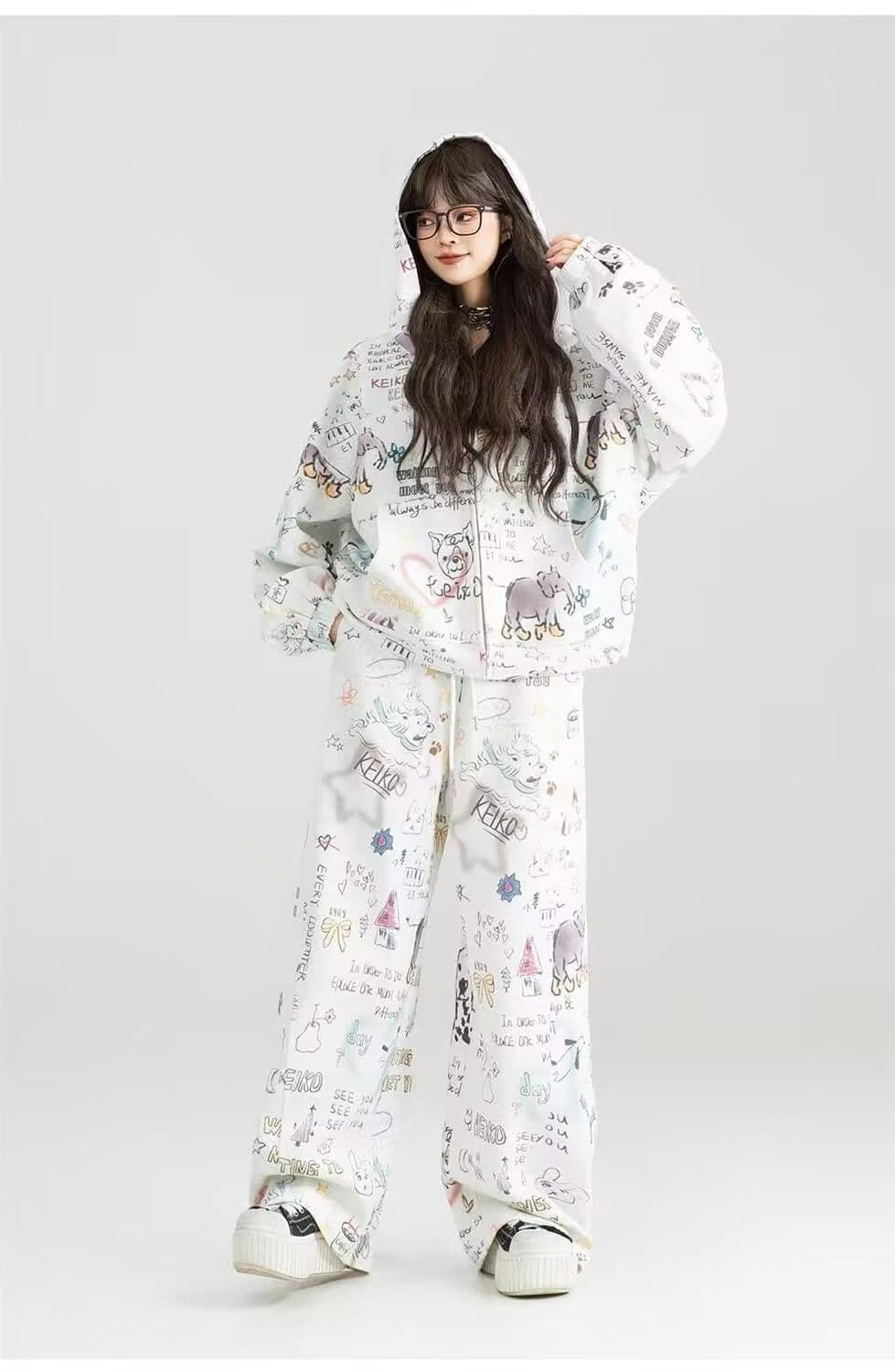 모방 면 남자 바 면 280 그램 스포츠 슈트 여성 봄 가을 낙서 프린트 후드 재킷 긴 바지 투피스 세트 상세 이미지 7