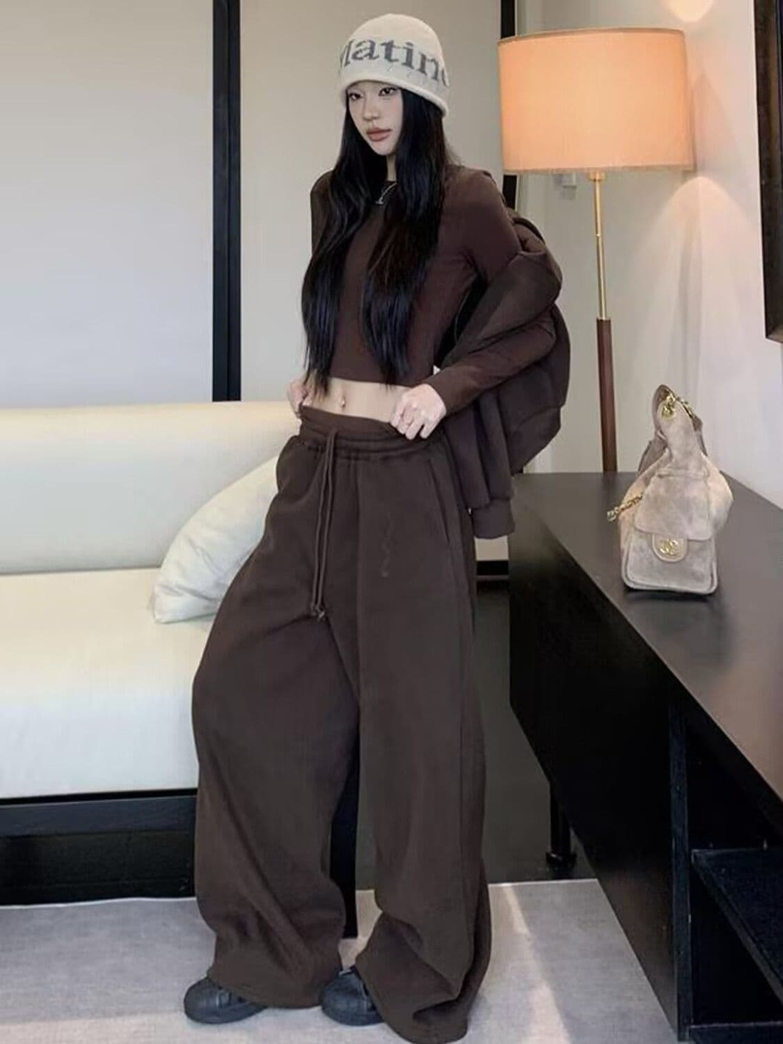 모방 면 사선 무늬 당겨 프레임 250그램 스포츠 슈트 여성 봄 가을 패션 캐주얼 재킷 와이드 레그 팬츠 투피스 세트 이미지 3