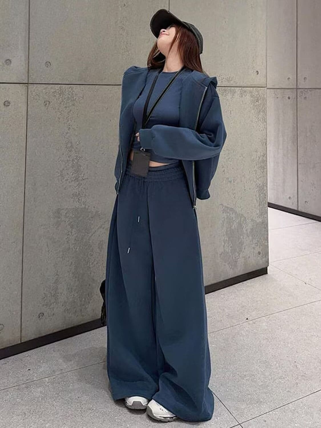 모방 면 사선 무늬 당겨 프레임 250그램 스포츠 슈트 여성 봄 가을 패션 캐주얼 재킷 와이드 레그 팬츠 투피스 세트 상세 이미지 4