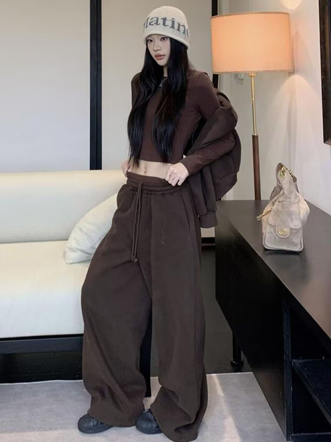 모방 면 사선 무늬 당겨 프레임 250그램 스포츠 슈트 여성 봄 가을 패션 캐주얼 재킷 와이드 레그 팬츠 투피스 세트 상세 이미지 7
