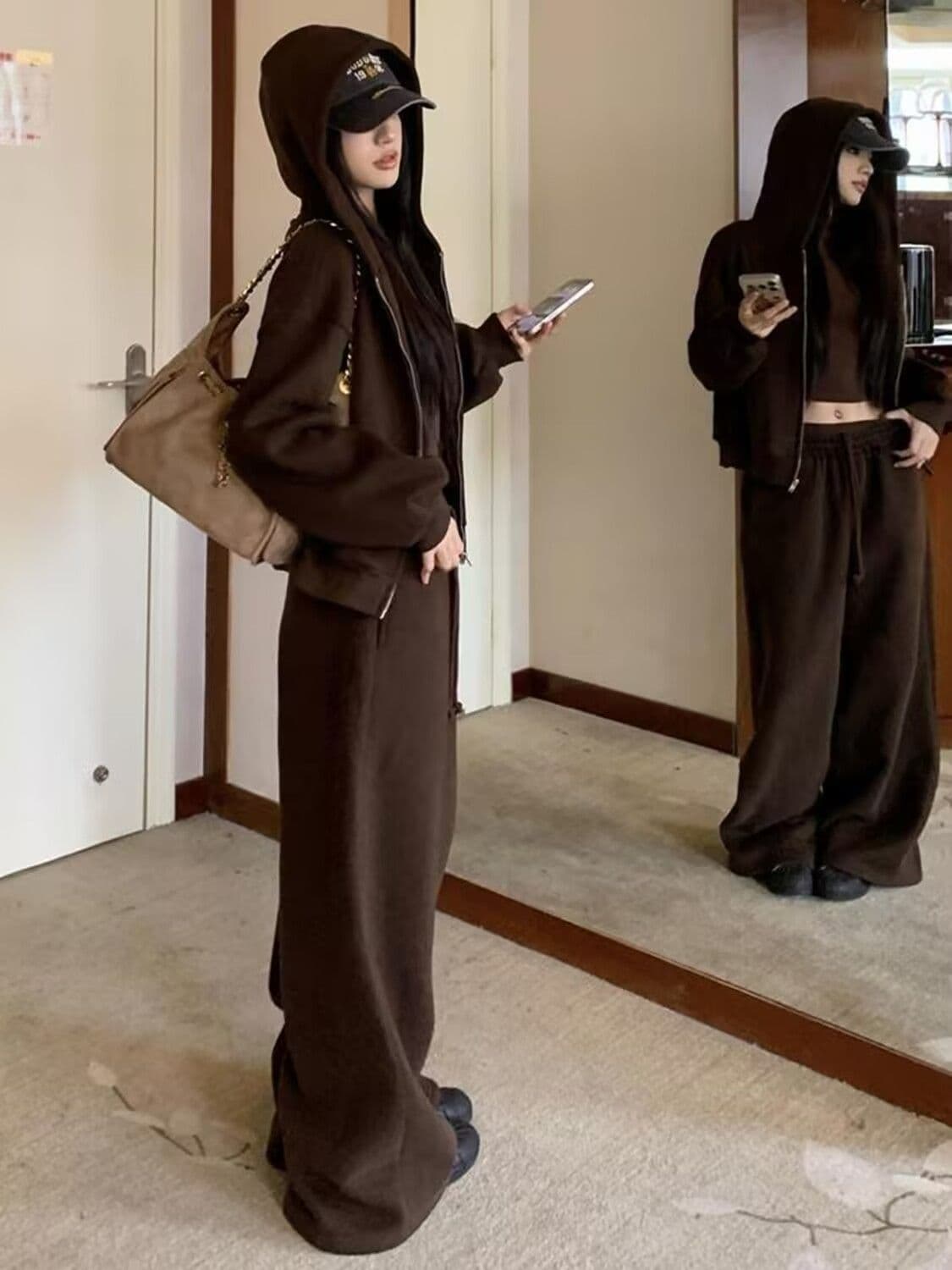모방 면 사선 무늬 당겨 프레임 250그램 스포츠 슈트 여성 봄 가을 패션 캐주얼 재킷 와이드 레그 팬츠 투피스 세트 상세 이미지 9