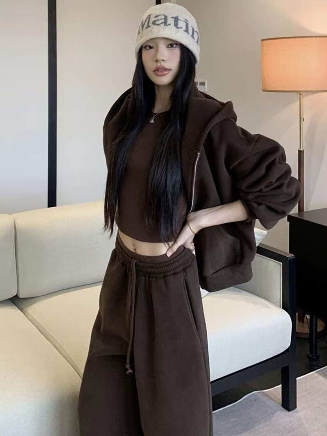 모방 면 사선 무늬 당겨 프레임 250그램 스포츠 슈트 여성 봄 가을 패션 캐주얼 재킷 와이드 레그 팬츠 투피스 세트 상세 이미지 11