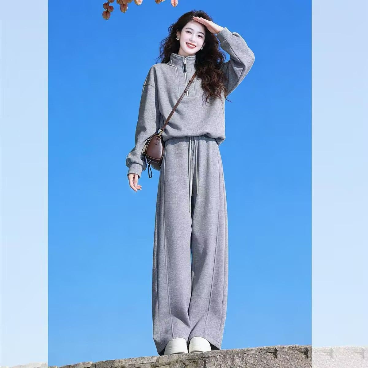 모방 면 사선 무늬 당겨 프레임 250그램 스포츠 슈트 여성 봄 가을 한국 스타일 루즈핏 패션 긴팔 캐주얼 투피스 세트 상세 이미지 5