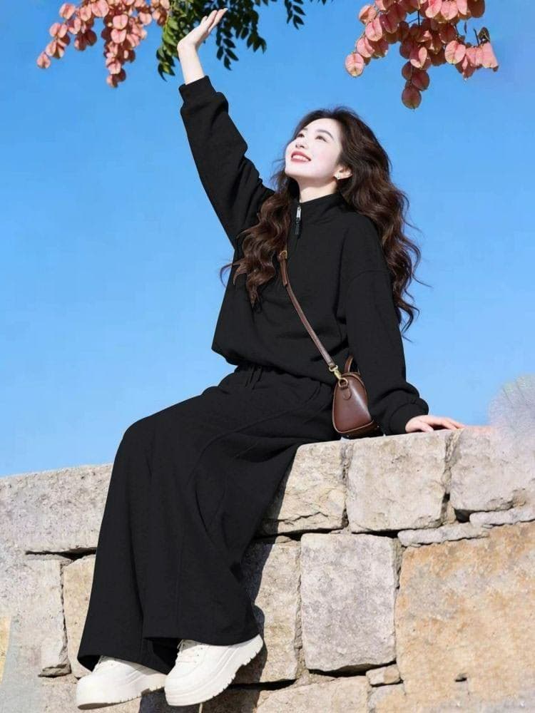 모방 면 사선 무늬 당겨 프레임 250그램 스포츠 슈트 여성 봄 가을 한국 스타일 루즈핏 패션 긴팔 캐주얼 투피스 세트 상세 이미지 10