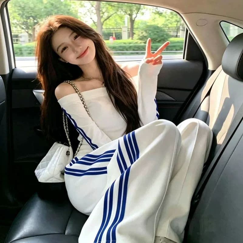 폭발 슈퍼 화재 오프숄더 맨위 와이드 레그 팬츠 캐주얼 스포츠 슈트 여성 2026 년 봄 가을 슬림해 보이는 투피스 세트 상세 이미지 8
