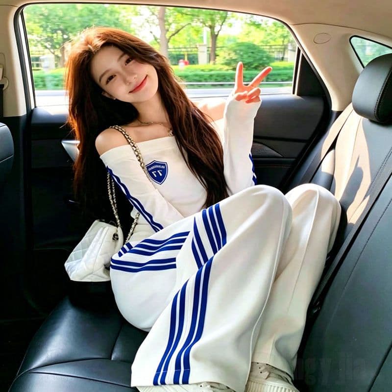 폭발 슈퍼 화재 오프숄더 맨위 와이드 레그 팬츠 캐주얼 스포츠 슈트 여성 2026 년 봄 가을 슬림해 보이는 투피스 세트 상세 이미지 11