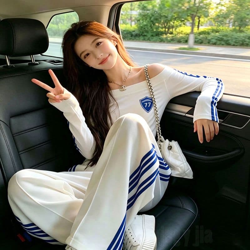 폭발 슈퍼 화재 오프숄더 맨위 와이드 레그 팬츠 캐주얼 스포츠 슈트 여성 2026 년 봄 가을 슬림해 보이는 투피스 세트 상세 이미지 12