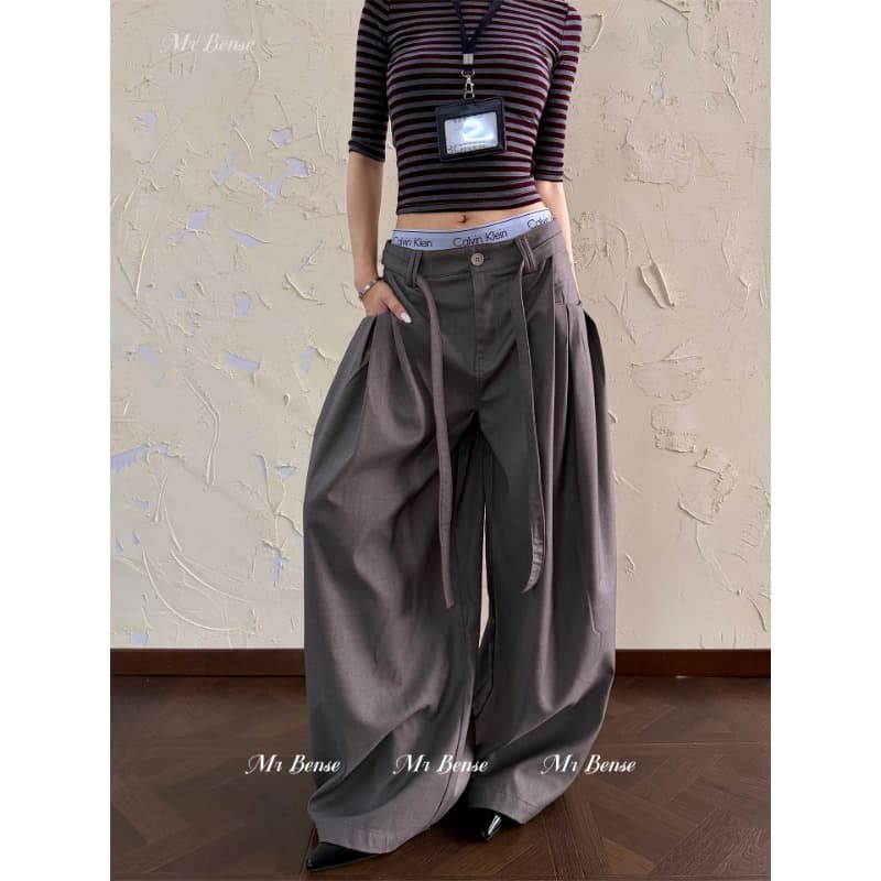 디자인 센스 허리 끈 명중 Pleat 슬랙스 여성 아메리칸 루즈핏 출퇴근 캐주얼 다용도 넓은 다리 길이 바지 이미지 5
